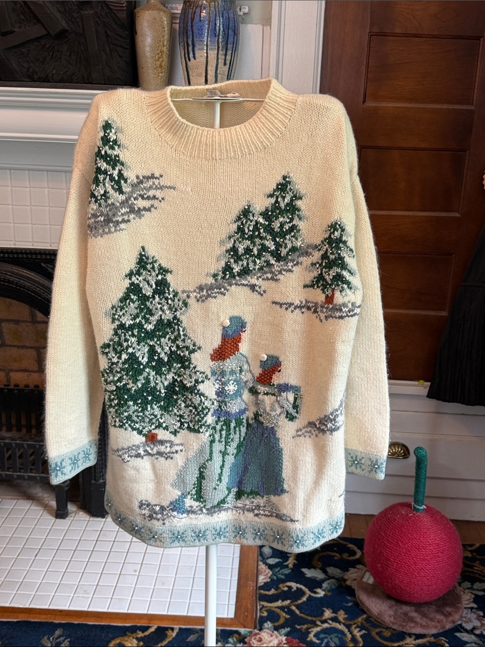 Vintage Talbots Cream Holiday Sweater with Trees and  Accents- good shape. Rare